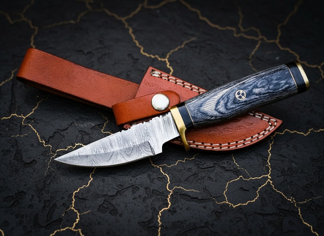 Handcrafted Damascus Steel Skinner Hunting Knife With Wood Handle and Sheath - 4