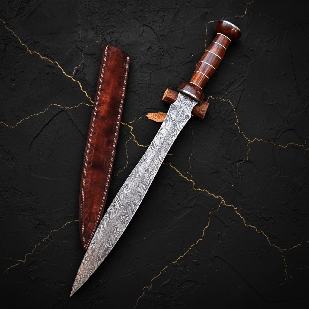 Hand-Forged Damascus Steel Gladiator Sword with Leather Sheath Blade (1 of 4)