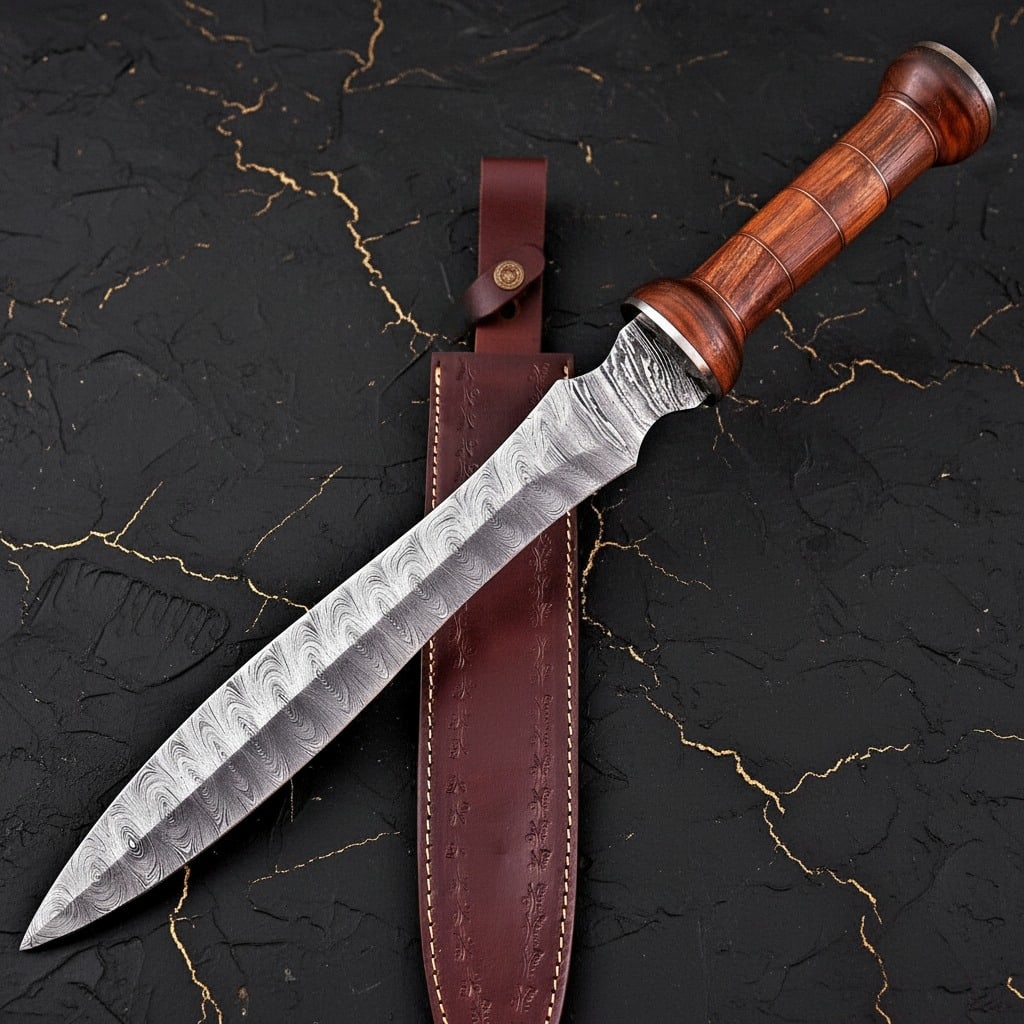 Hand-Forged Damascus Steel Gladiator Sword with Leather Sheath Blade - 2