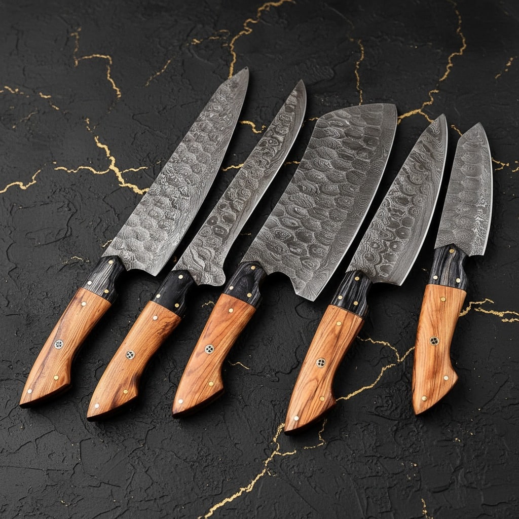 Hand-Forged Damascus Steel Kitchen Knife Set Professional Culinary Cutlery - 3