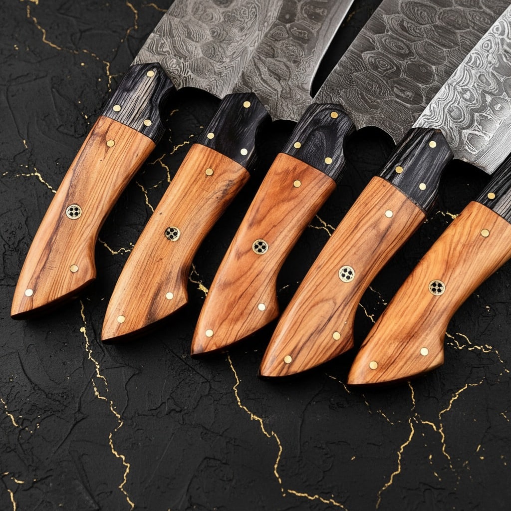 Hand-Forged Damascus Steel Kitchen Knife Set Professional Culinary Cutlery - 4