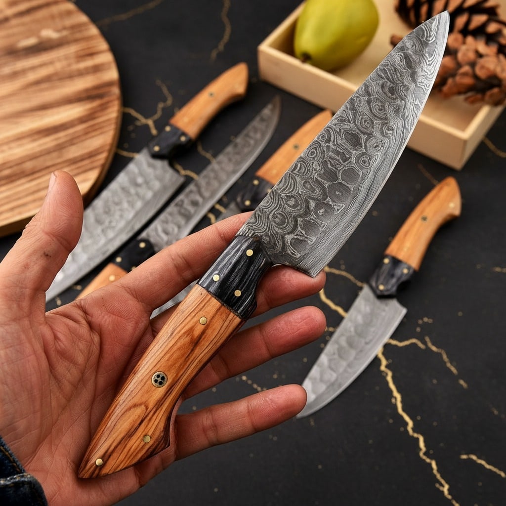 Hand-Forged Damascus Steel Kitchen Knife Set Professional Culinary Cutlery - 5