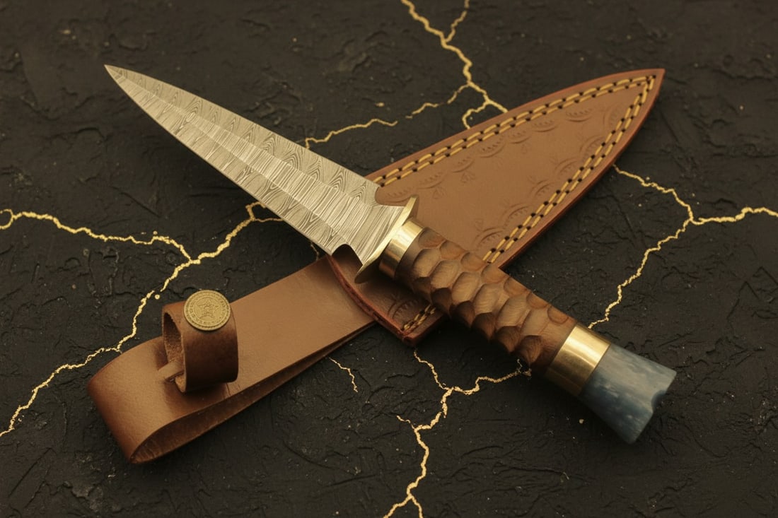Handcrafted Damascus Steel Dagger Knife with Polished Wood Handle - 3