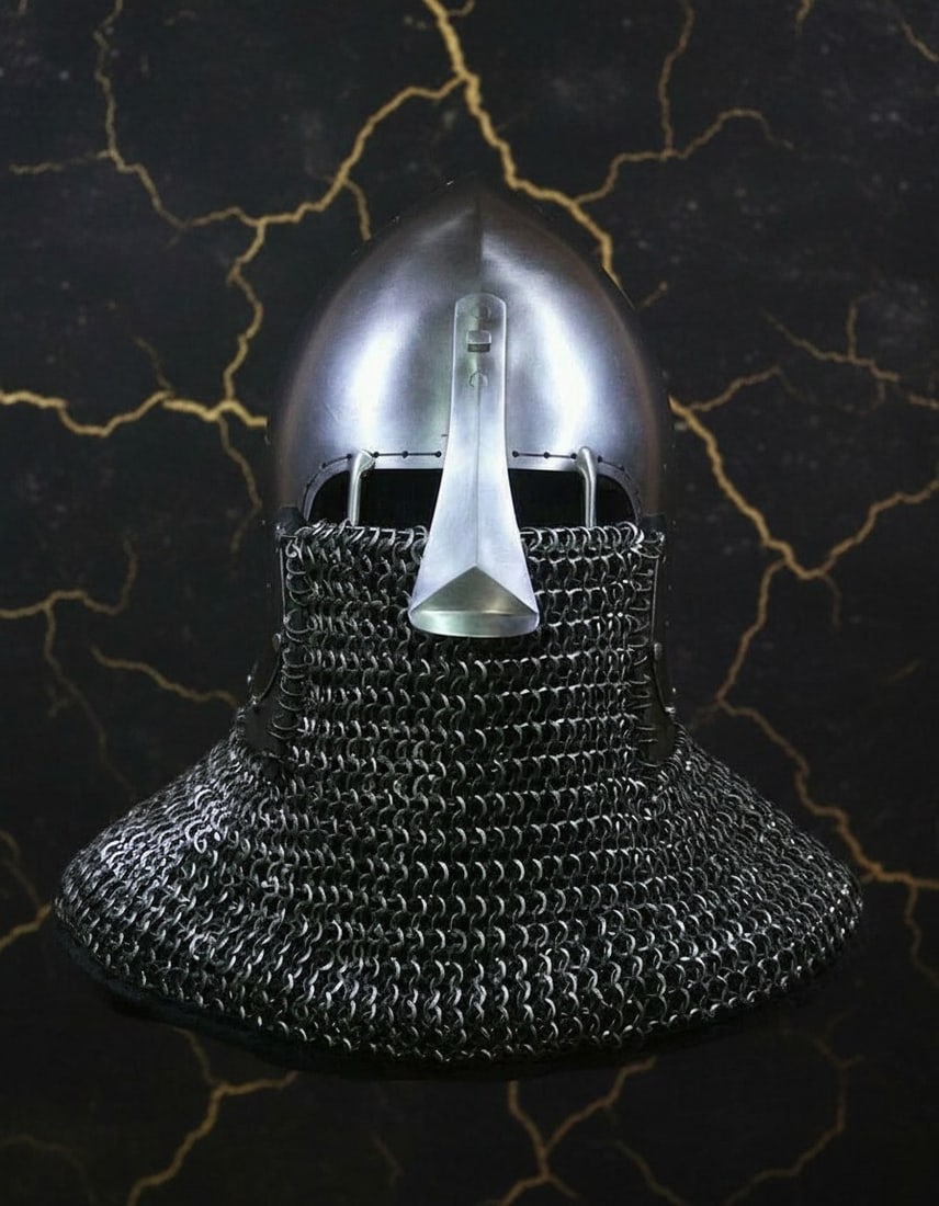 Handcrafted Steel Vendel Viking Helmet with Chainmail - SCA LARP Armor: Title:Handcrafted Steel Vendel Viking Helmet with Chainmail - SCA LARP Armor Description:This handmade helmet features a leather liner or padding for comfort and utility. It is intended for everyday u