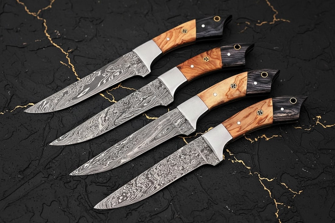 Handmade Damascus Steel Chef Knife Set Custom Forged Kitchen Cutlery: Title:Handmade Damascus Steel Chef Knife Set Custom Forged Kitchen Cutlery Description:This set includes four custom-made, hand-forged Damascus steel chef and steak knives featuring wood and steel bol