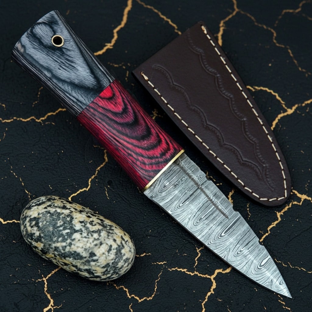 Hand-Forged Damascus Steel Scottish Sgian Dubh Knife with Leather Sheath (1 of 6)
