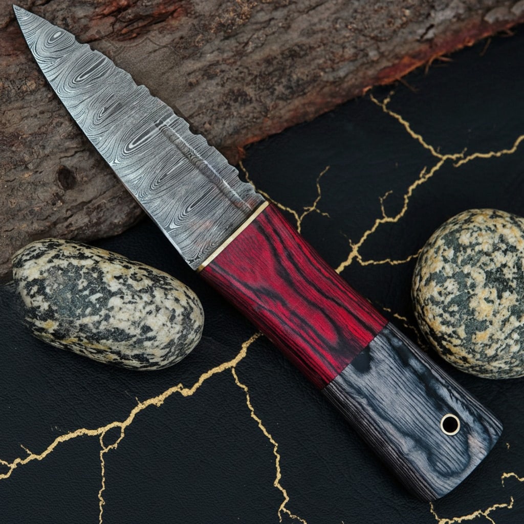 Hand-Forged Damascus Steel Scottish Sgian Dubh Knife with Leather Sheath - 2