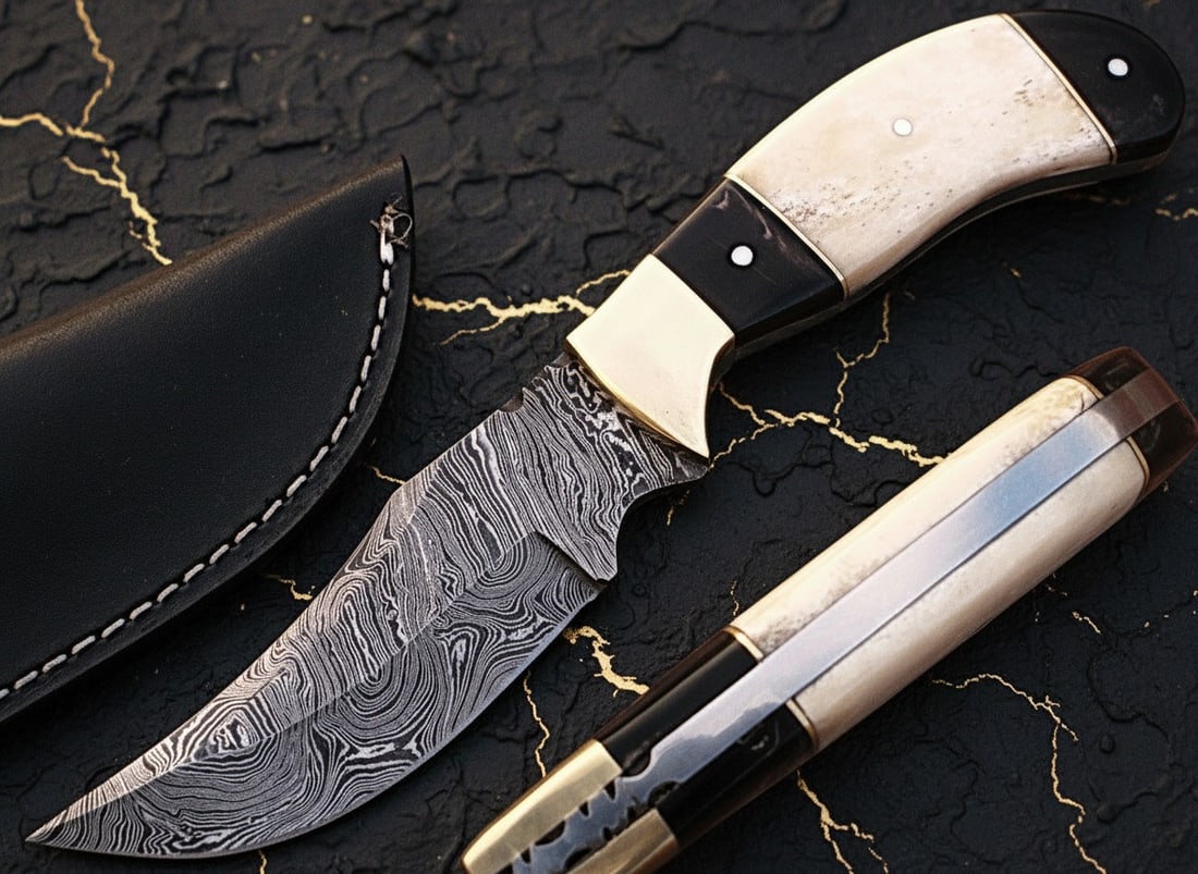 Handmade Damascus Steel Hunting Knife Buffalo Horn Handle Fixed Blade White - 3