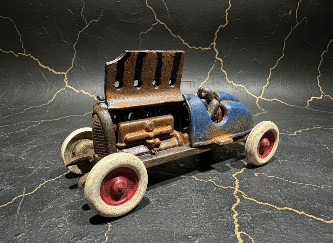 Old Fashioned Blue Metal Toy Racecar with Opening Hood Vintage Style - 2