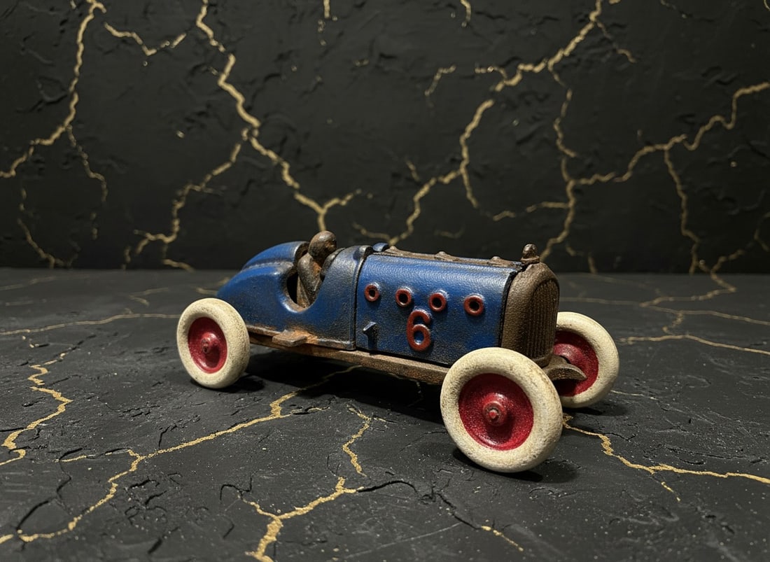 Old Fashioned Blue Metal Toy Racecar with Opening Hood Vintage Style - 3