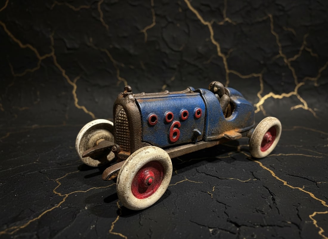 Old Fashioned Blue Metal Toy Racecar with Opening Hood Vintage Style - 7