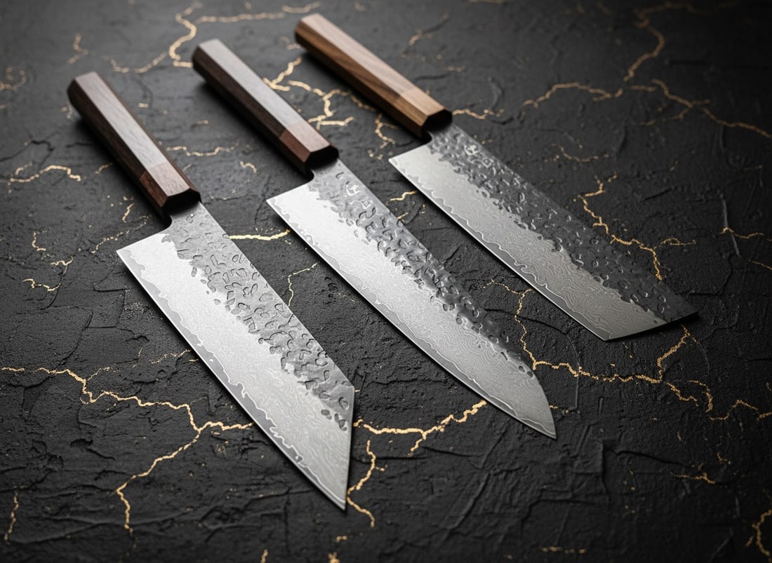 3pc Hammered Damascus Steel Chef Knife Set, Kiritsuke Gyuto Nakiri Professional - 4