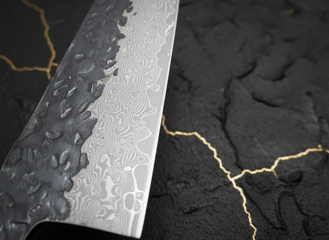 3pc Hammered Damascus Steel Chef Knife Set, Kiritsuke Gyuto Nakiri Professional - 9