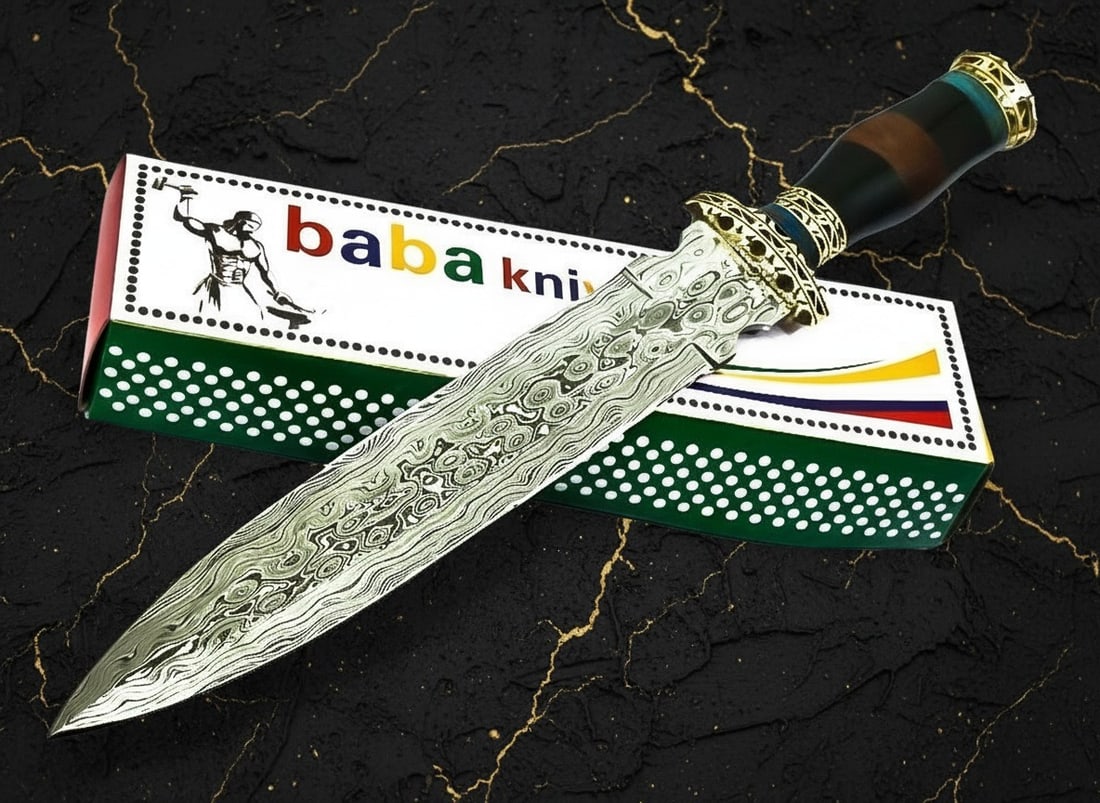 Handcrafted Damascus Steel Hunting Dagger Knife Wood and Resin Handle - 5