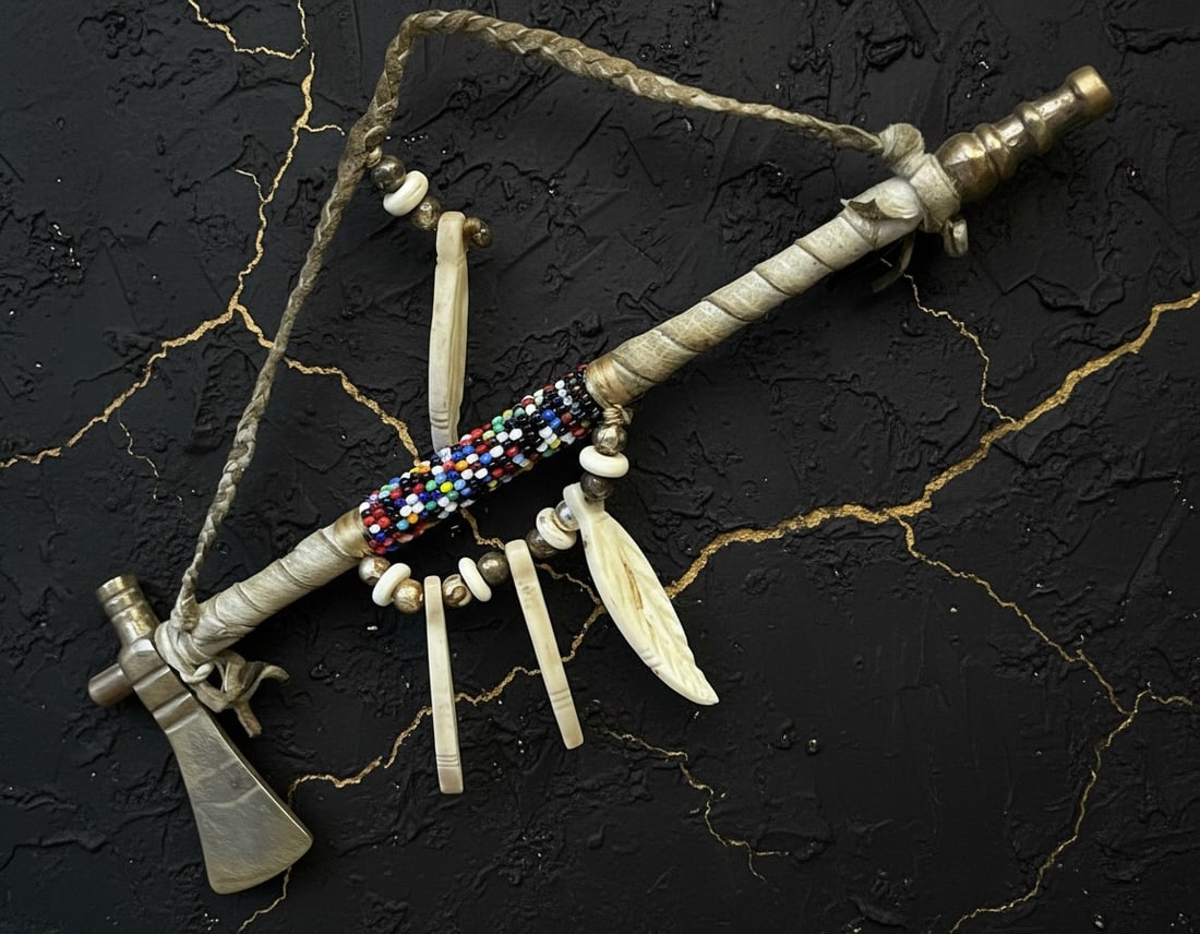 8" Native American Brass Tomahawk Pipe Beaded Ceremonial Decor (1 of 1)