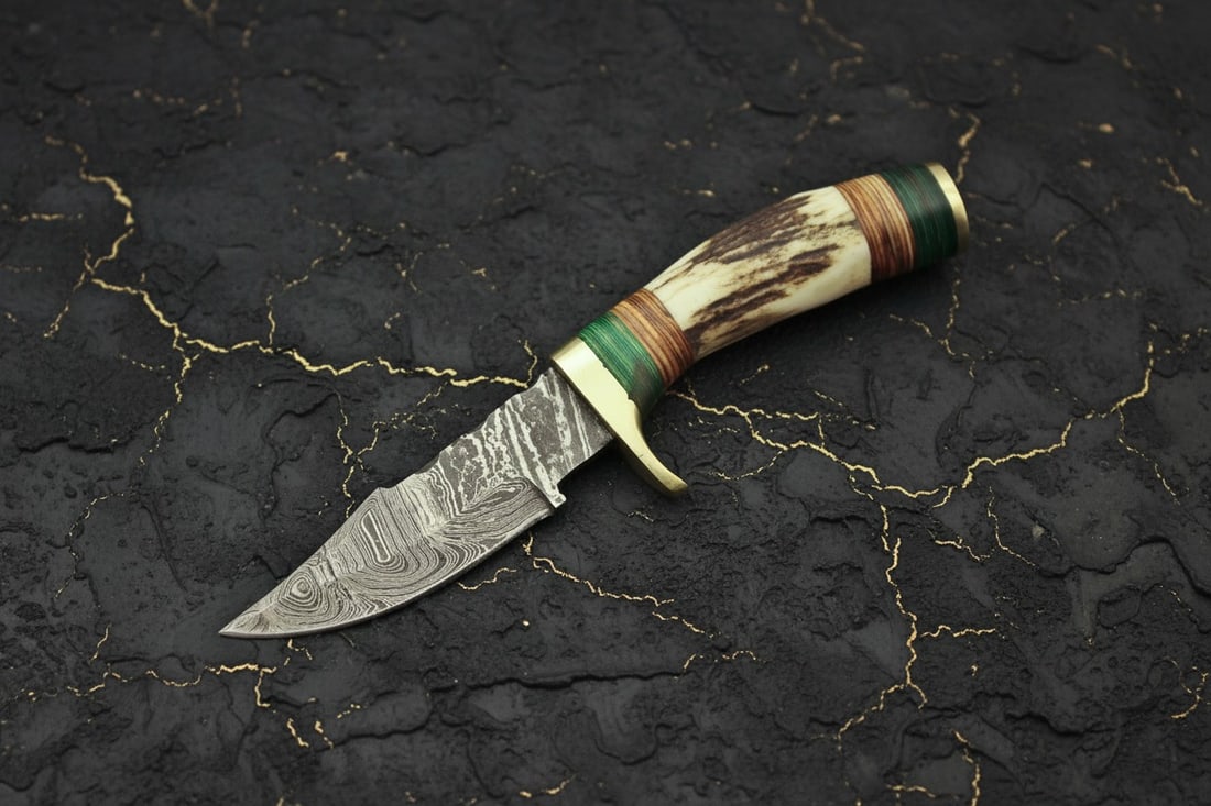 Handmade Damascus Hunting Knife Stag Antler Handle Custom Forged Sheath - 2