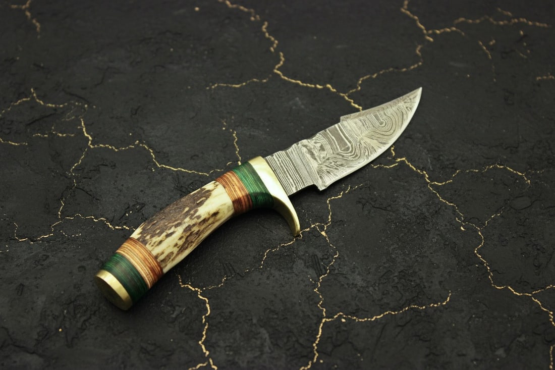 Handmade Damascus Hunting Knife Stag Antler Handle Custom Forged Sheath - 3