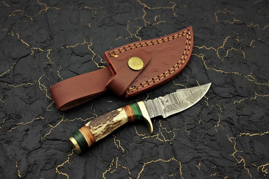 Handmade Damascus Hunting Knife Stag Antler Handle Custom Forged Sheath - 4
