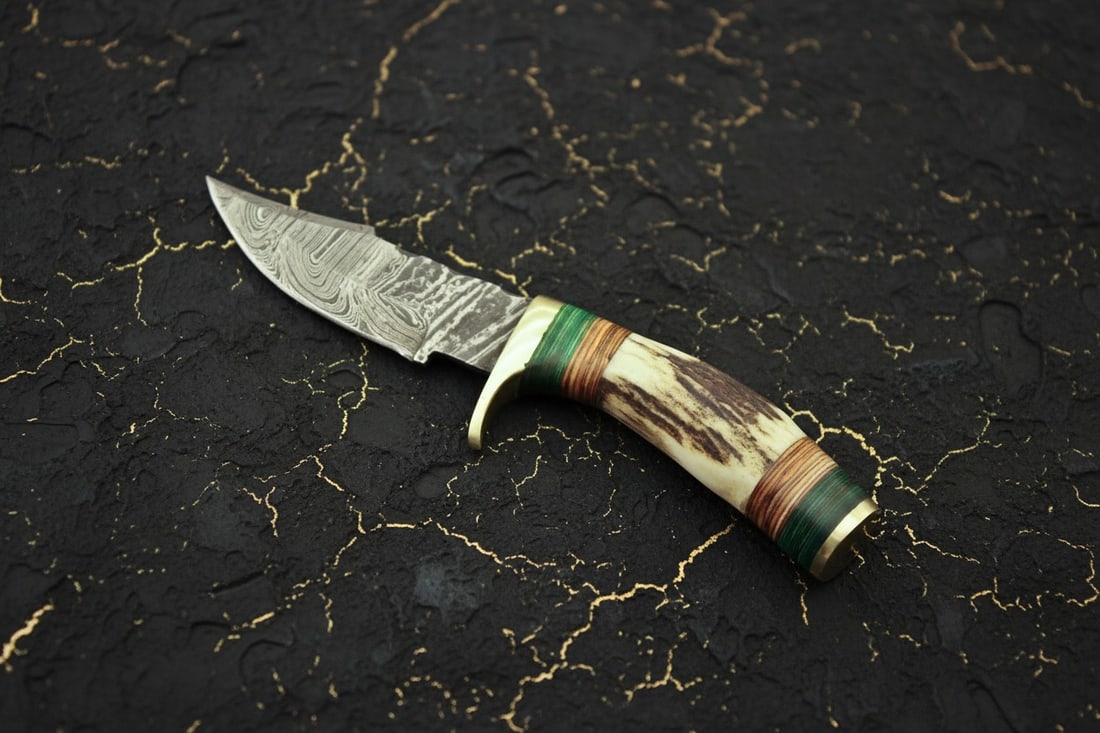 Handmade Damascus Hunting Knife Stag Antler Handle Custom Forged Sheath - 5