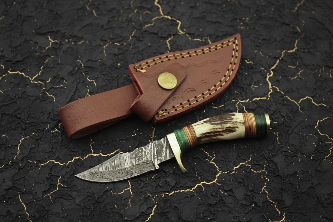 Handmade Damascus Hunting Knife Stag Antler Handle Custom Forged Sheath - 6