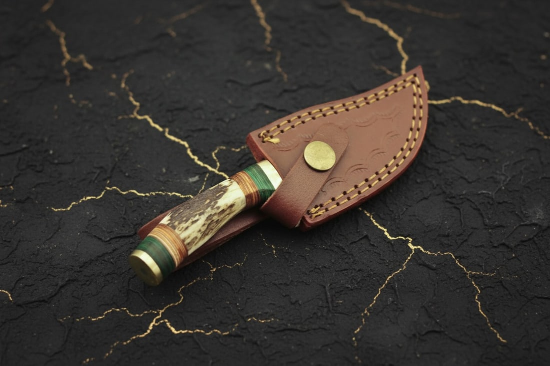 Handmade Damascus Hunting Knife Stag Antler Handle Custom Forged Sheath - 7