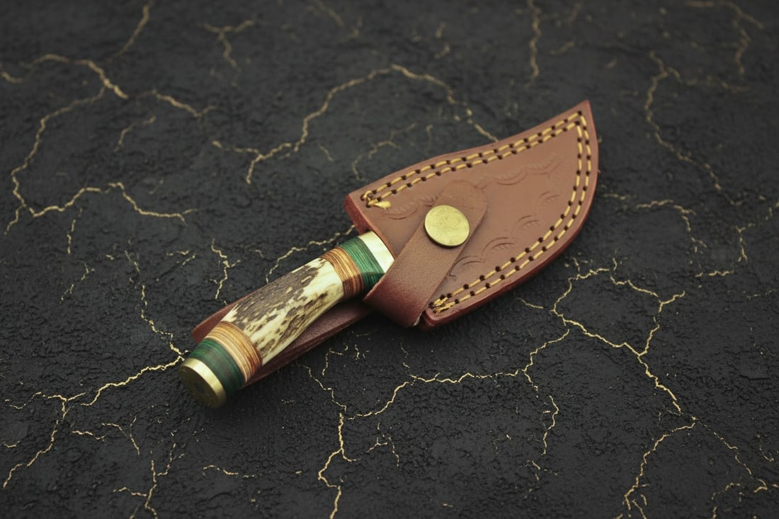 Handmade Damascus Hunting Knife Stag Antler Handle Custom Forged Sheath - 8