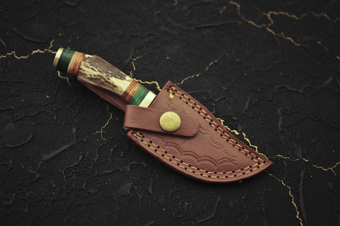 Handmade Damascus Hunting Knife Stag Antler Handle Custom Forged Sheath - 9