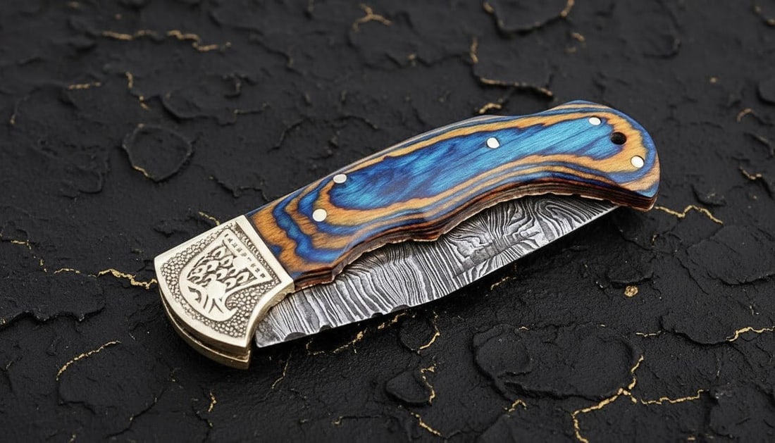 USA Handcrafted Lockback Pocket Knife with Damascus Clip Point Blade & Wood Handle - 3