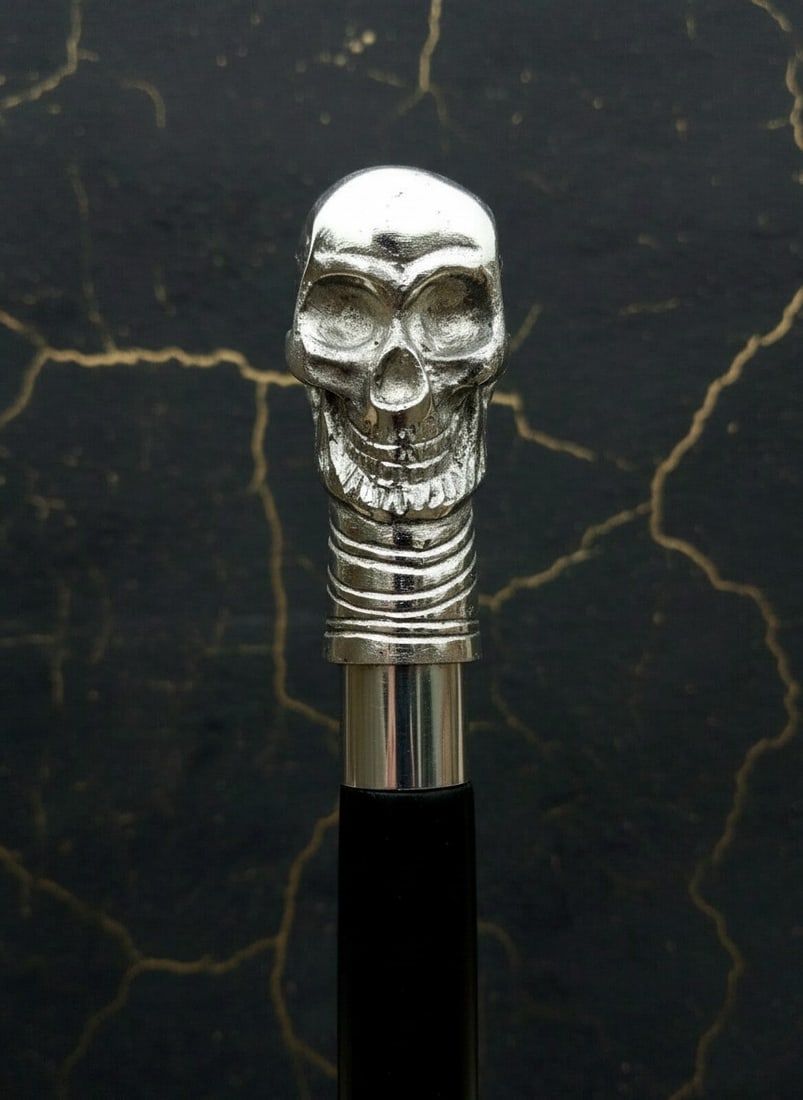 Ornate Brass Skull Grip Wood Walking Stick Antique Style Cane - 2