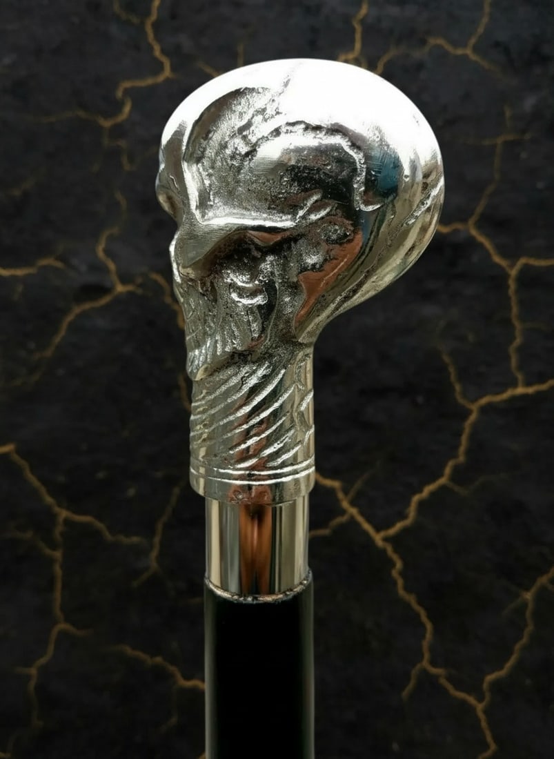 Ornate Brass Skull Grip Wood Walking Stick Antique Style Cane - 3