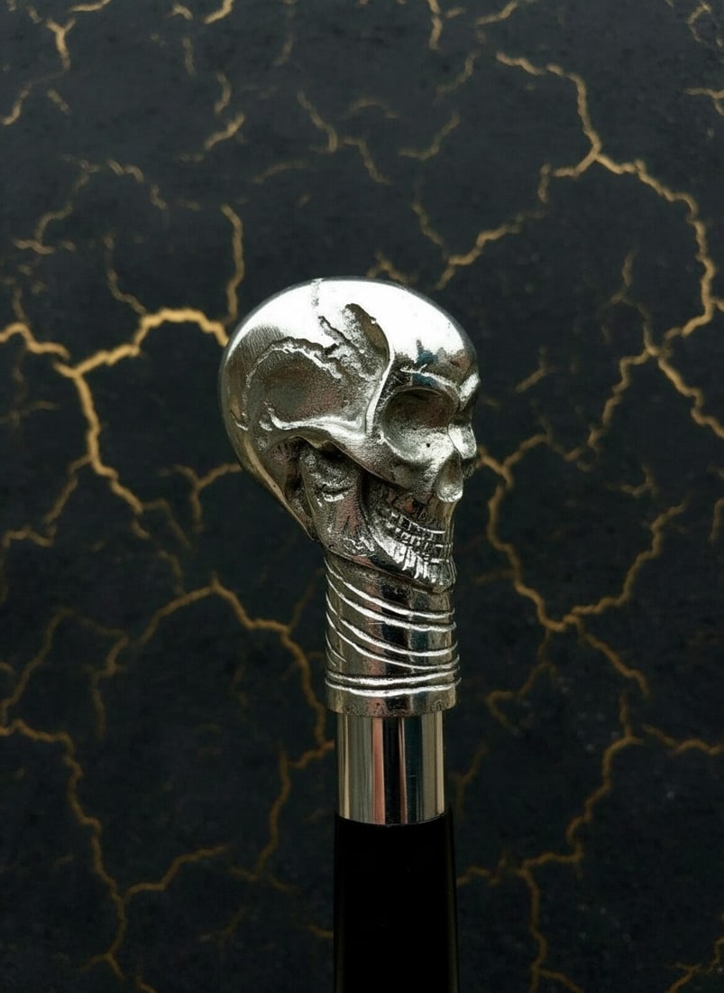 Ornate Brass Skull Grip Wood Walking Stick Antique Style Cane - 4