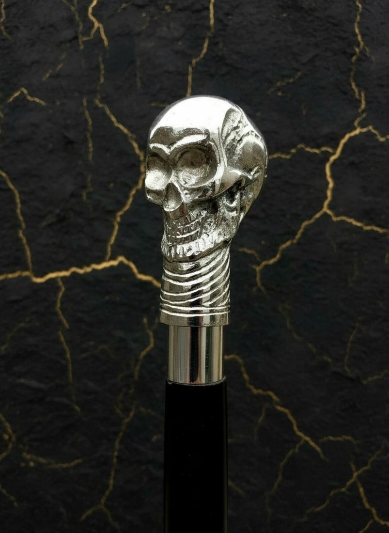 Ornate Brass Skull Grip Wood Walking Stick Antique Style Cane - 5