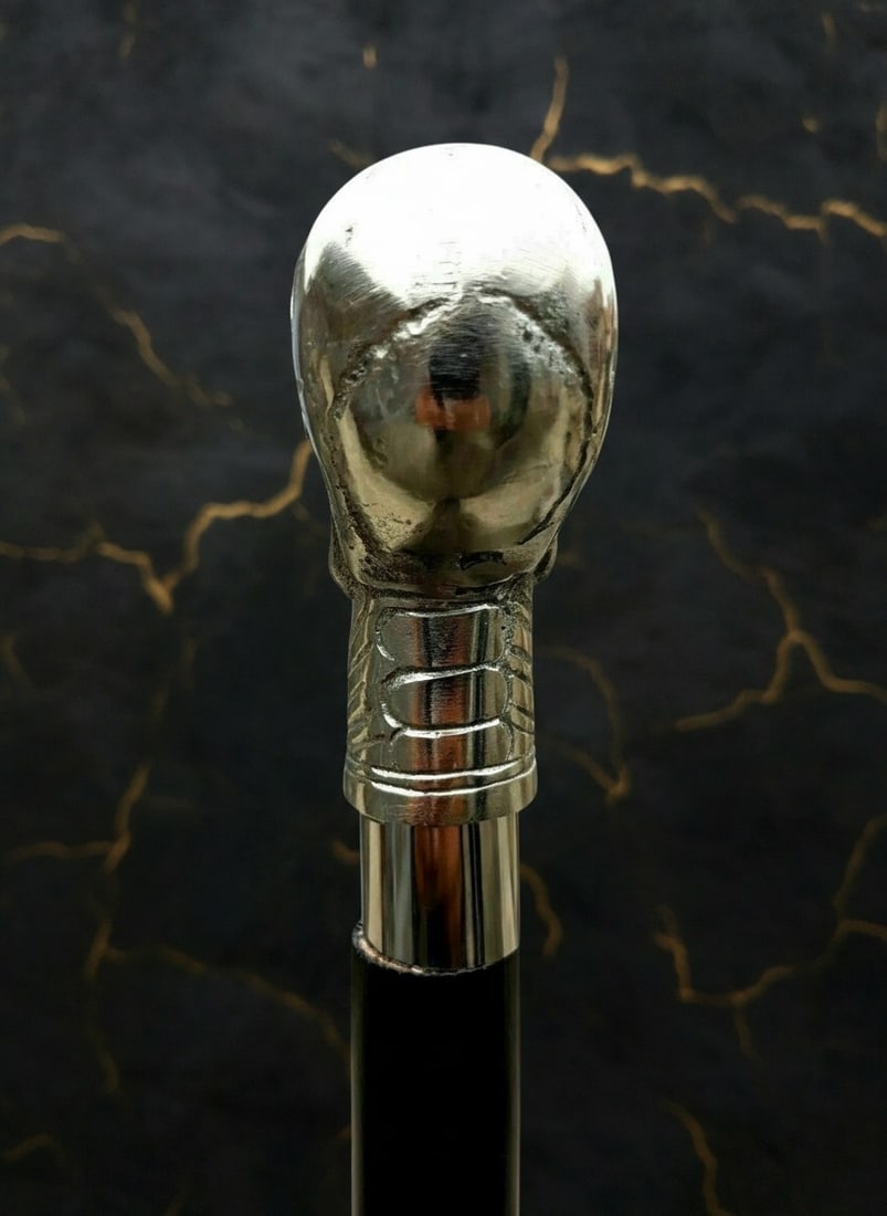 Ornate Brass Skull Grip Wood Walking Stick Antique Style Cane - 6