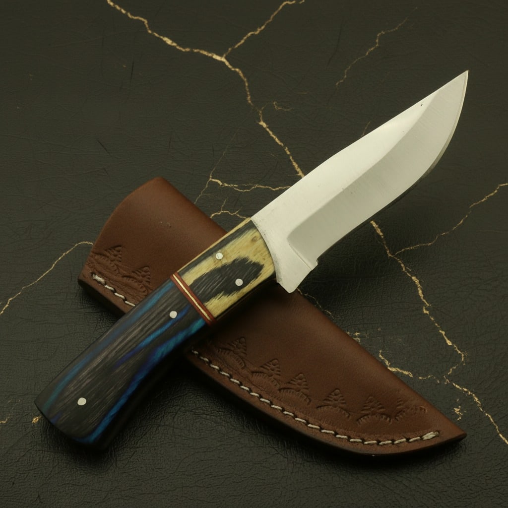 Handmade Damascus Steel Skinning Knife Fixed Blade Hunting Tool with Sheath - 2