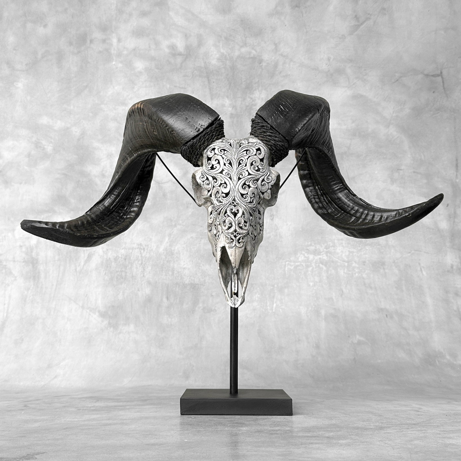 Carved grey ram skull - Traditional Balinese motif: Title: Carved grey ram skull - Traditional Balinese motif Maker:Unknown Origin: Indonesia Date/Period:2026 Materials:Ovis Aries, Bone, Horn Dimensions:Height: 47 cm / 18.5 inches Width: 64 cm / 25.1