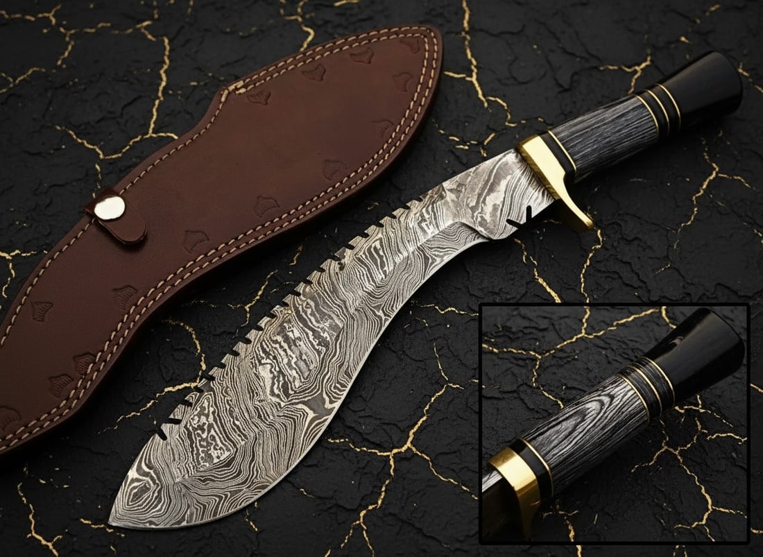 Handcrafted Damascus Steel Kukri Blade, Wood & Buffalo Horn Handle Knife (1 of 5)