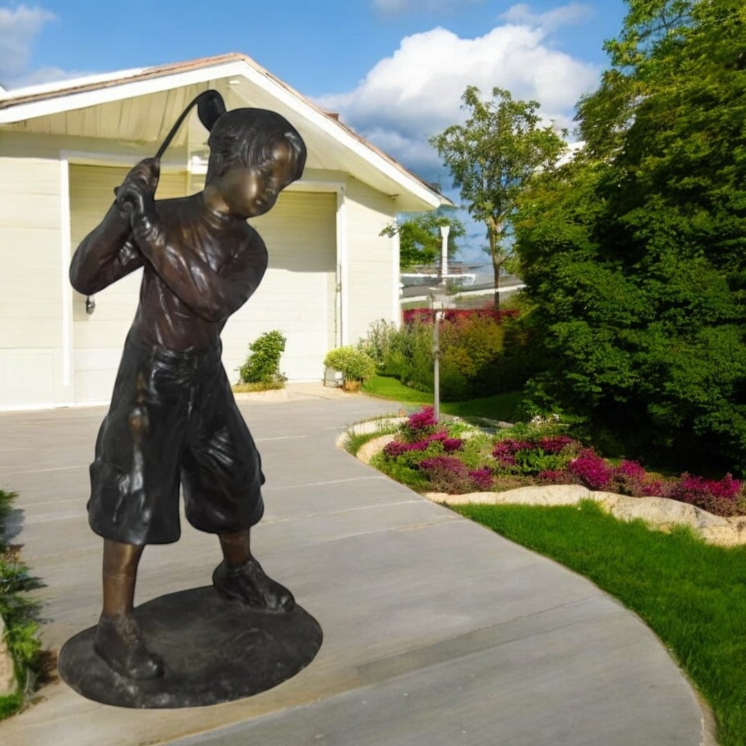 Young Boy Plays Golf Bronze Statue - Size: 19"L x 21"W x 45"H. (1 of 11)