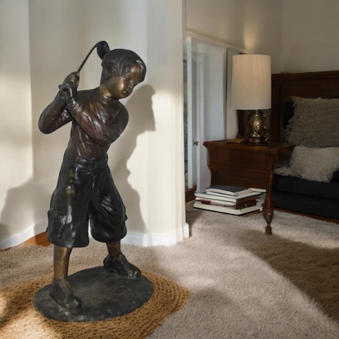 Young Boy Plays Golf Bronze Statue - Size: 19"L x 21"W x 45"H. - 2