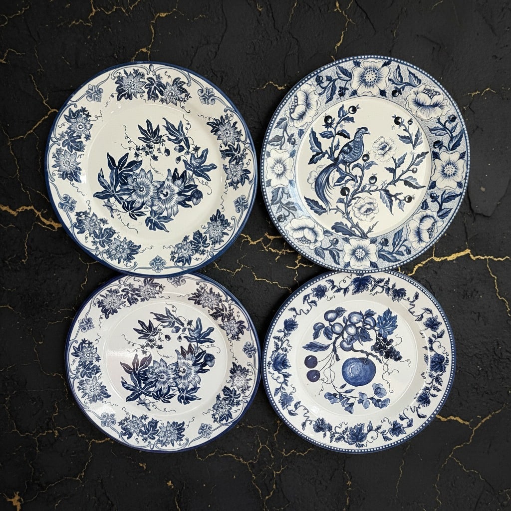 8pc Vintage Blue & White Tin Decorative Plates 10" Wall Display Set - 3