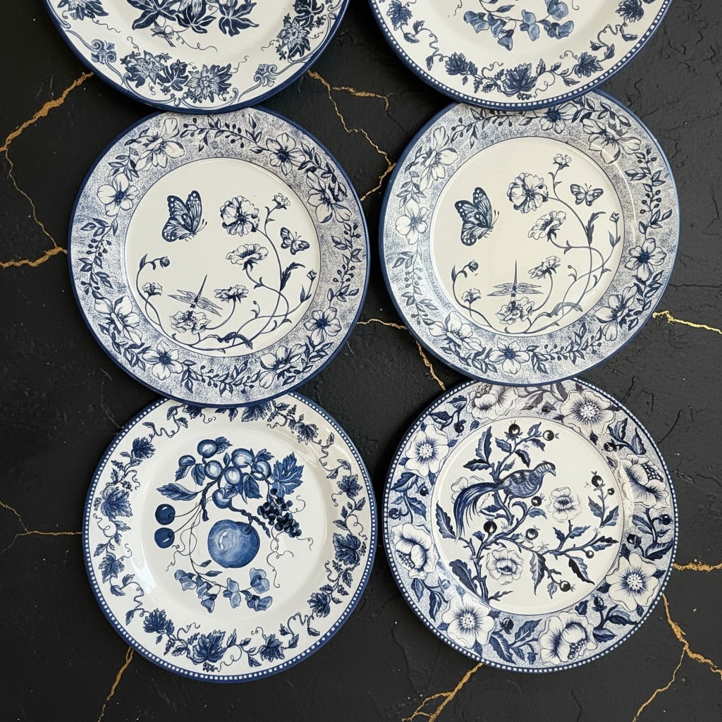 8pc Vintage Blue & White Tin Decorative Plates 10" Wall Display Set - 4