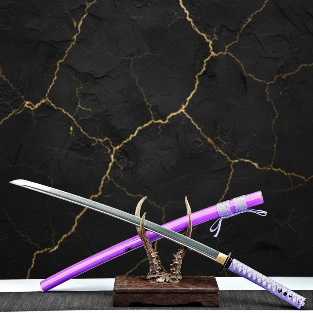 40" Damascus Folded Steel Katana Sword, Purple Geisha Scabbard Samurai Blade: Title:40" Damascus Folded Steel Katana Sword, Purple Geisha Scabbard Samurai Blade Description:This 40-inch handmade katana is a battle-ready samurai sword, forged using traditional techniques to