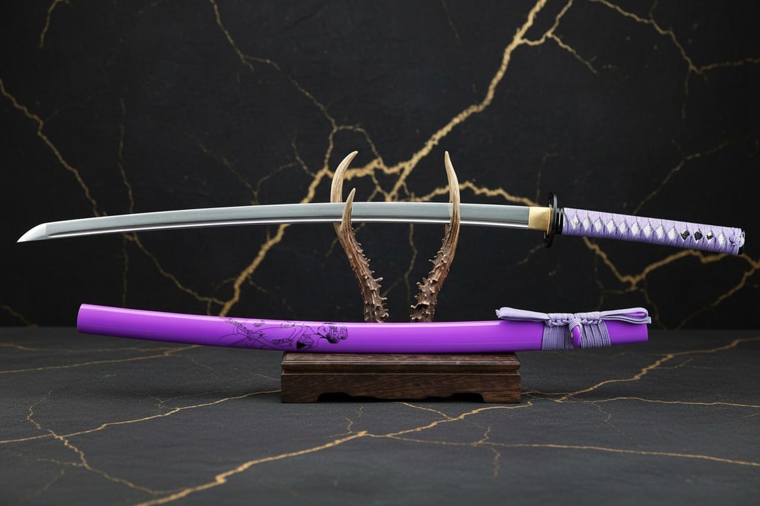 40" Damascus Folded Steel Katana Sword, Purple Geisha Scabbard Samurai Blade - 2