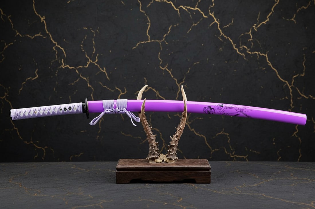 40" Damascus Folded Steel Katana Sword, Purple Geisha Scabbard Samurai Blade - 3