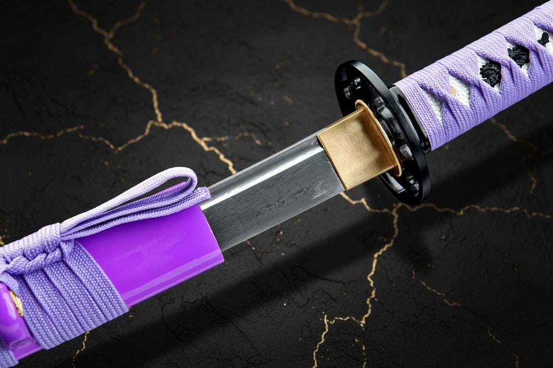 40" Damascus Folded Steel Katana Sword, Purple Geisha Scabbard Samurai Blade - 4