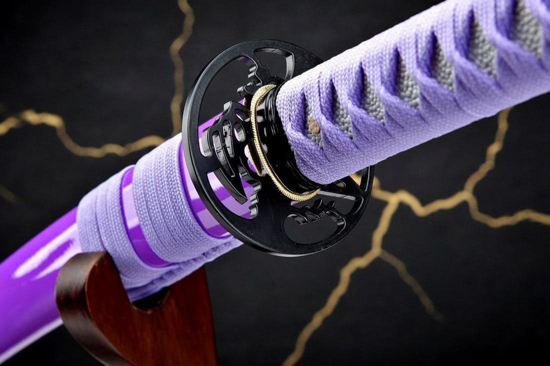 40" Damascus Folded Steel Katana Sword, Purple Geisha Scabbard Samurai Blade - 5