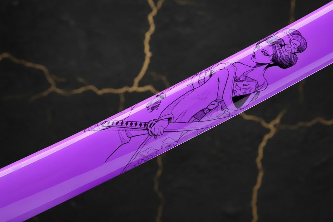 40" Damascus Folded Steel Katana Sword, Purple Geisha Scabbard Samurai Blade - 6