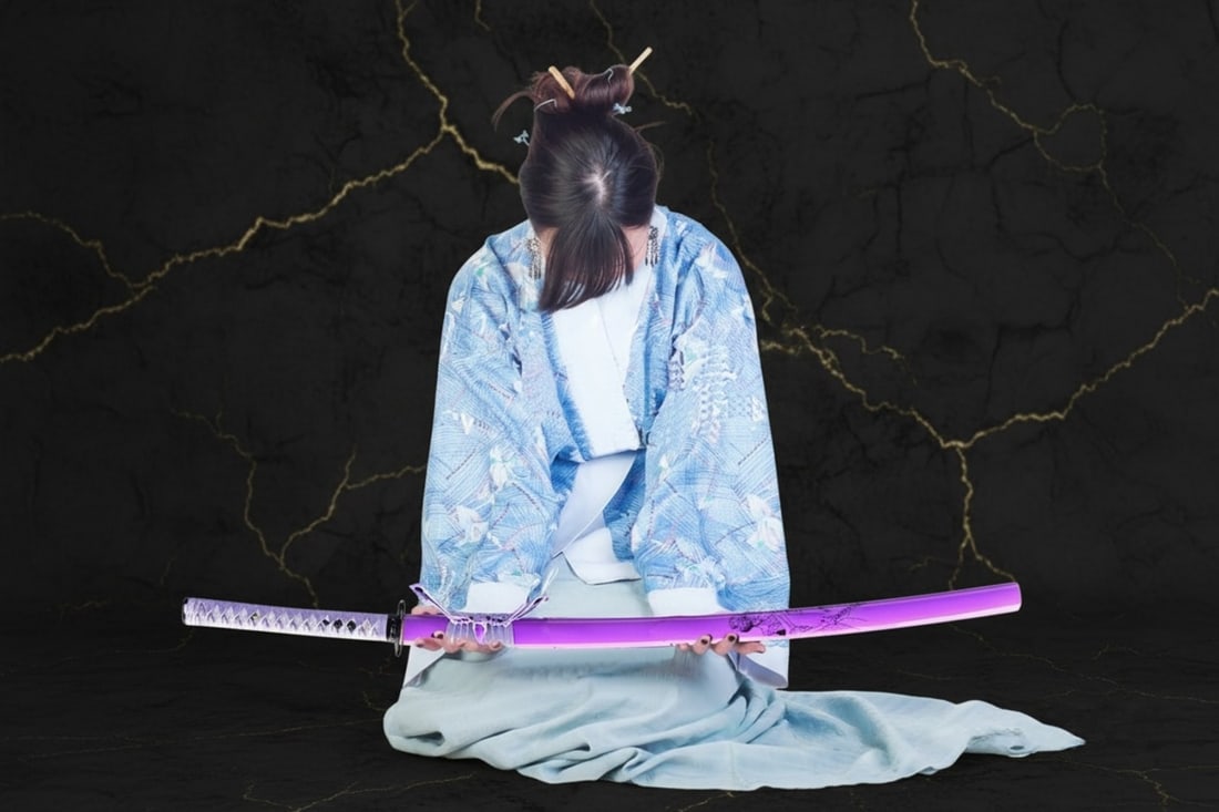 40" Damascus Folded Steel Katana Sword, Purple Geisha Scabbard Samurai Blade - 8