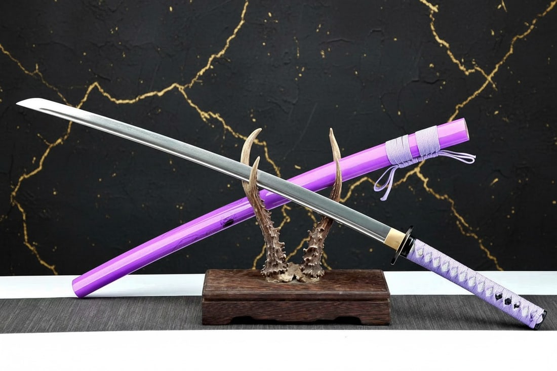 40" Damascus Folded Steel Katana Sword, Purple Geisha Scabbard Samurai Blade - 9