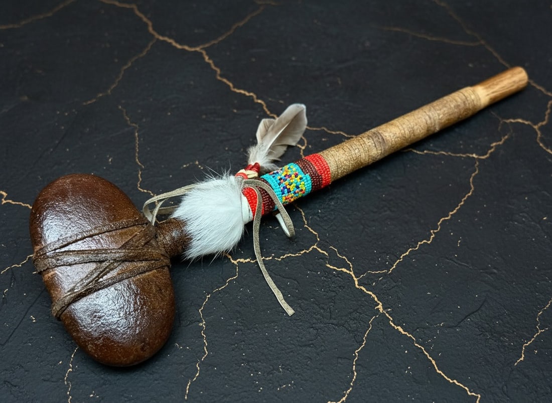 15" Navajo Native American Stone Tomahawk Beaded Rustic Decor: Title:15" Navajo Native American Stone Tomahawk Beaded Rustic Decor Description:This authentic Native American stone tomahawk is handcrafted by a Navajo artist. It features a smooth river stone head, 