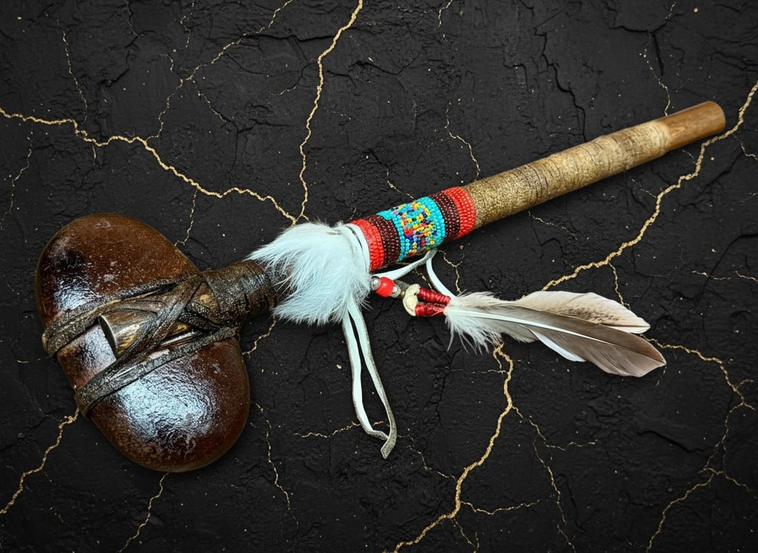 15" Navajo Native American Stone Tomahawk Beaded Rustic Decor - 2